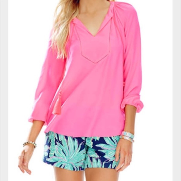 LILLY PULITZER Saria Top Blouse Pink Silk Satin Puff Sleeve Tasseled - Picture 3 of 13